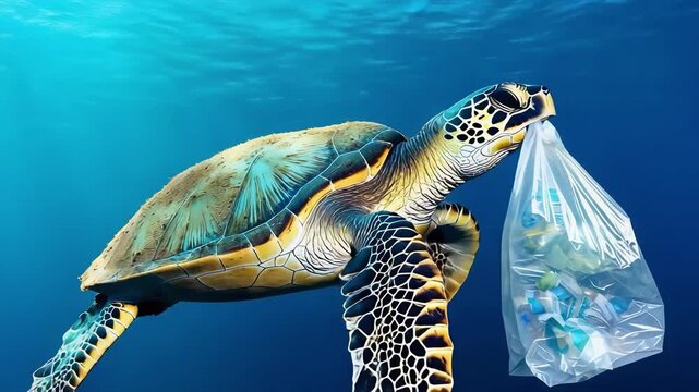 A sea turtle swimming underwater with a plastic bag in its mouth.