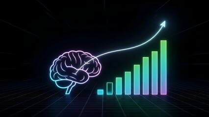 A glowing brain connects to a rising bar chart, symbolizing the power of intelligence, innovation, and data-driven decisions for business growth and success.