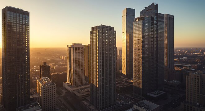 Aerial view of modern skyscrapers at sunset with golden light illuminating the city skyline