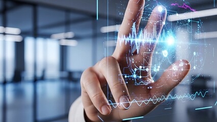 A hand interacts with a glowing futuristic interface, showcasing abstract data visualizations, symbolizing a high-tech approach to data analysis and innovation.