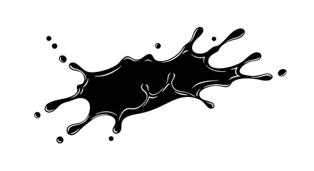 A dynamic and messy black paint splat with shiny highlights and flying droplets. This versatile graphic element is perfect for creating energetic backgrounds for text, logos, and grunge designs.