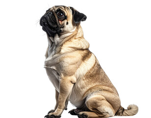 Obraz premium Cute Sitting Pug with Head Tilt, Three-Quarter Side Angle, isolated on transparent background.