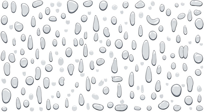 A realistic vector background of clear water drops on a glass or transparent surface. Perfect for creating a wet window, rain, or condensation effect. Tileable and easy to use as a texture.