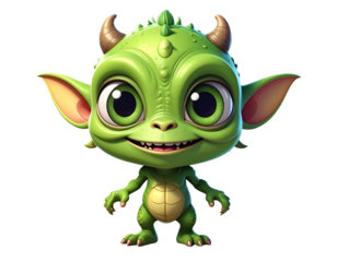 Cute Friendly Green Alien Monster, isolated on transparent background.