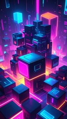 Neon cubes in a futuristic city