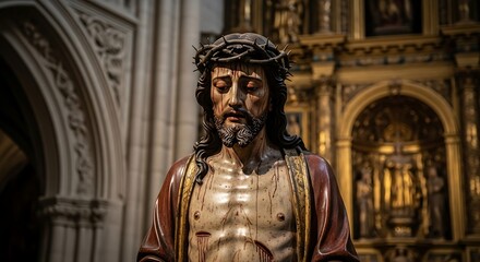Detailed statue of Jesus Christ, adorned with a crown of thorns, displaying deep emotion and suffering.