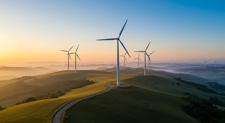 Obraz premium Wind turbines on rolling hills at sunrise, generating renewable energy in a scenic rural landscape