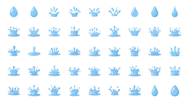 A beautiful collection of soft blue water crown splashes and a single droplet, featuring a gentle, textured style. Ideal for wellness themes, spa branding, baby products, & creating serene background