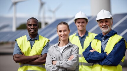 Group of diverse engineers smiling confidently in industrial setting with wind turbines and solar panels in background, showcasing teamwork and renewable energy innovation