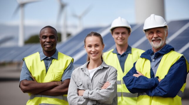 Group of diverse engineers smiling confidently in industrial setting with wind turbines and solar panels in background, showcasing teamwork and renewable energy innovation
