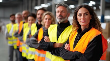 Group of factory workers lined up in reflective vests, standing confidently in warehouse setting. diverse team appears focused and professional, showcasing teamwork and unity