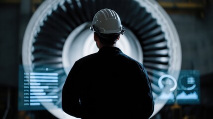 Silhouette of industrial engineer wearing hard hat stands before large turbine, analyzing data on digital screens. scene conveys sense of innovation and technology