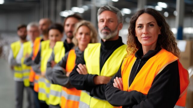 Group of factory workers lined up in reflective vests, standing confidently in warehouse setting. diverse team appears focused and professional, showcasing teamwork and unity