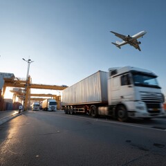 Busy logistics hub with trucks and airplane highlights dynamic nature of transportation industry, showcasing efficient cargo movement and global connectivity