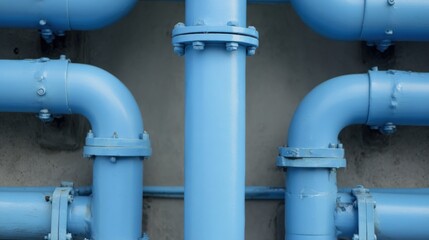 Blue industrial pipes are arranged in symmetrical pattern against gray wall, showcasing clean and organized design. vibrant color contrasts with neutral background, creating striking visual effect