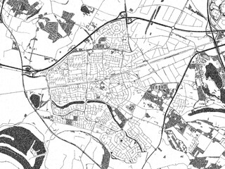 Black and white illustrated map of Wijchen, Netherlands, with streets, rivers, and neighborhoods.