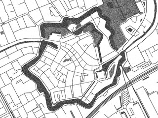 Hand-drawn black and white city map of Woerden Centrum, Netherlands, ready for wall art or editorial projects.