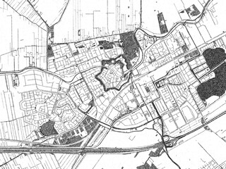 Stylized decorative city map of Woerden, Netherlands, hand-drawn in black and white.