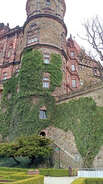 April 12, 2025 Poland Walbrzych castle  Ksiaz . Beautiful historical medieval castle  Ksiaz with garden terraces located in Walbrzych, in the Lower Silesian Voivodeship in southwestern Poland.