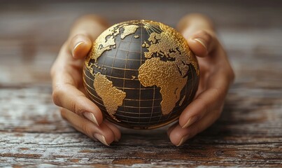 A small globe held gently in two hands, resting on a wooden surface