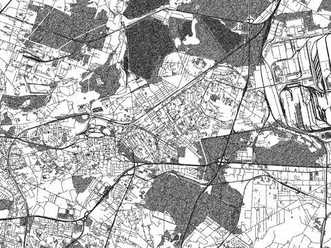 Black and white illustrated map of Dabrowa Gornicza, Poland, with streets, rivers, and neighborhoods.