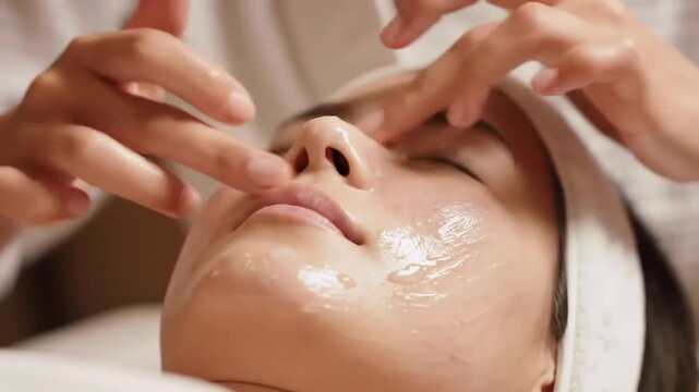 a serene woman lies down receiving hydrafacial treatment from skilled hands in a spa setting with a soothing atmosphere and soft lighting creating a sense of relaxation and