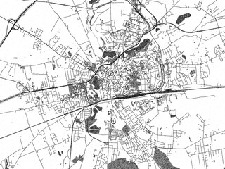 Illustrated map of Gniezno, Poland, in black and white hand-drawn digital style.