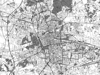 Naklejka premium Illustrated city map of Lodz, Poland, in black and white, showing roads and textures.