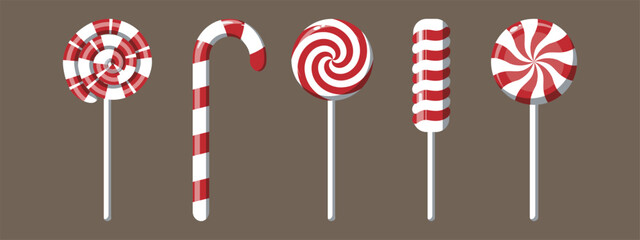 Set of vector illustrations  of candies. New Year's bright striped lollipops o a stick.