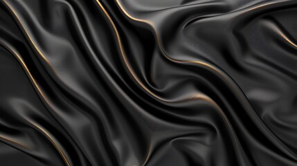 Fototapeta premium Elegant Black Satin Fabric with Flowing Texture and Gold Highlights for Stylish Backgrounds and Designs