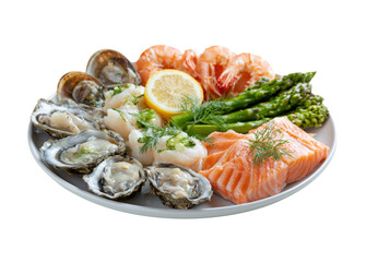 seafood platter with shrimp, crab, oysters, and oyster, Boiled sea snails, Simple poached salmon with lemon and green veggies