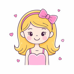 A cute cartoon girl with blonde hair and a pink bow, surrounded by small hearts, exuding a cheerful and playful vibe.