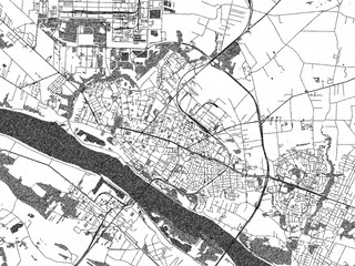Naklejka premium Black and white illustrated map of Plock, Poland, with streets, rivers, and neighborhoods.