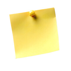 Yellow sticky note with a push pin isolated on transparent background
