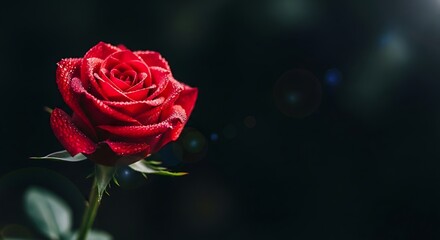A vibrant red rose, adorned with dew drops, stands out against a dark background, highlighted by soft lens flares.