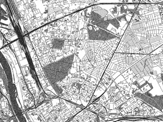 Fototapeta premium Black and white illustrated map of Targowek, Poland, with streets, rivers, and neighborhoods.