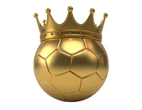 Angled Side View of Gold Soccer Ball Wearing Regal Crown, 3D Render, Isolated on Transparent Background.