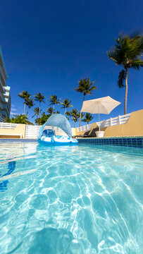 Pool with a pool float, umbrella and palm trees 