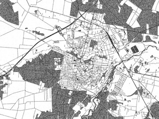 Decorative black and white map of Tomaszow Mazowiecki, Poland, rendered in sketch-like style.