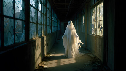Ethereal Ghost Figure in Abandoned Building: Dark, Moody Wallpaper, Spooky, Cute Halloween Theme.