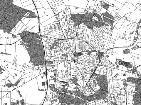 Detailed artistic sketch map of Zgierz, Poland, in monochrome black and white.