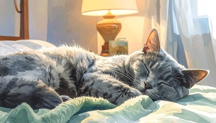 A serene slumbering feline in a sunlit bedroom