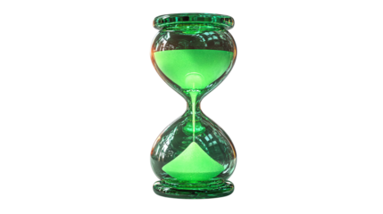 Green hourglass with flowing sand isolated on transparent background