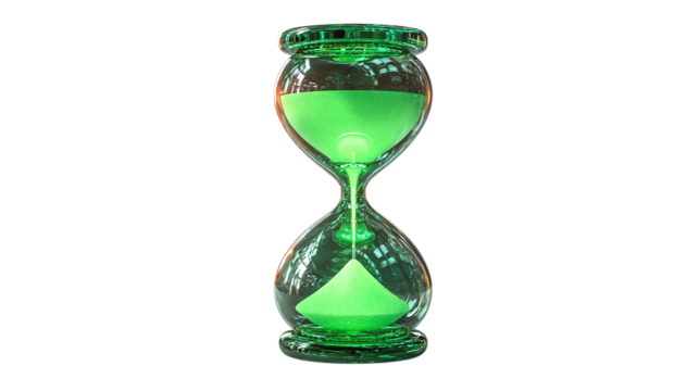 Green hourglass with flowing sand isolated on transparent background