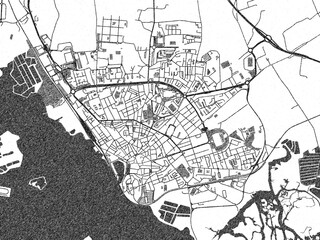 Poster-ready black and white illustration map of Faro, Portugal, detailed and artistic.