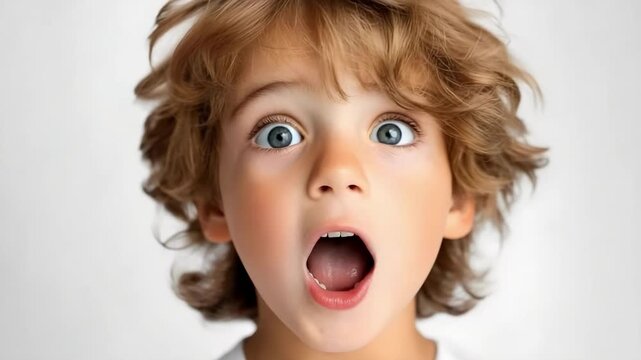 A young child with curly light brown hair and blue eyes, mouth open in surprise.