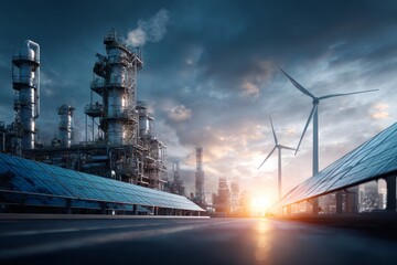 Hybrid oil and gas refinery with solar panels and wind turbines integrated, futuristic eco-industrial landscape © ihsan
