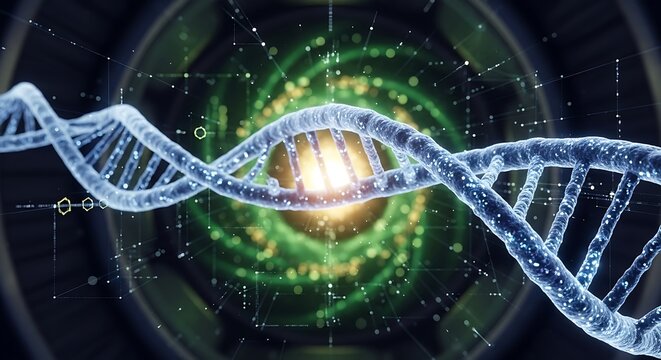A detailed 3D model of a DNA helix, set against a swirling backdrop of abstract data and light, evokes a sense of scientific wonder and futuristic technology.