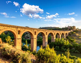 Fototapeta premium Ancient stone bridge spanning a river under a partly cloudy sky
