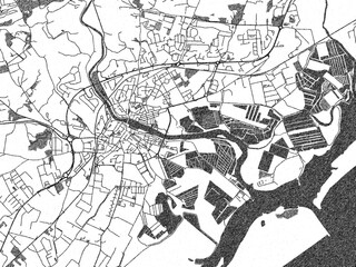 Minimalist monochrome city map of Tavira, Portugal, illustrated with urban detail.